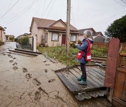 Red Cross volunteer standing on a broken fence overlooking flooding damage.