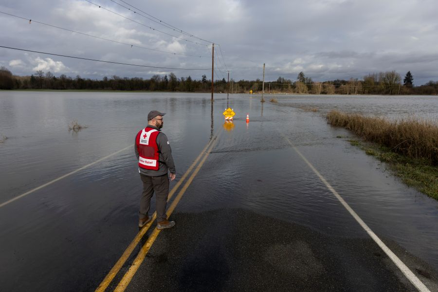 a Red Cross volunteer surveys flood damage