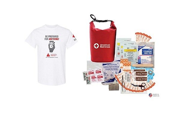 Image shows a white American Red Cross emergency app t-shirt, and an American Red Cross first aid kit