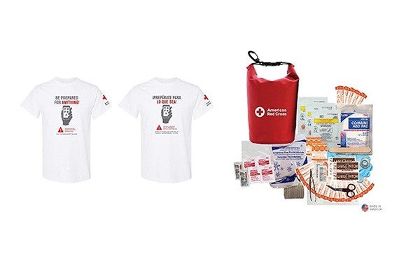 Image shows a white American Red Cross emergency app t-shirt in English and one in Spanish, and an American Red Cross first aid kit