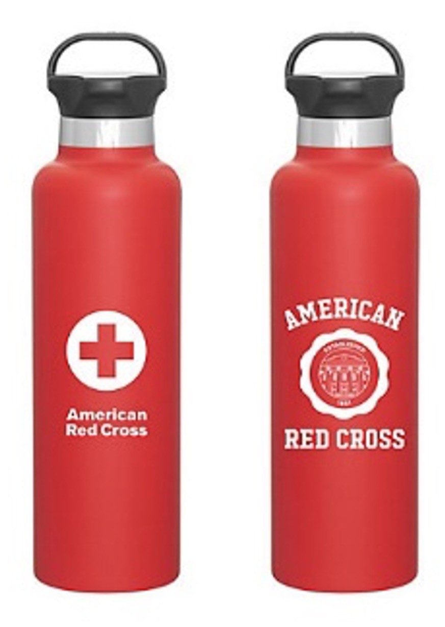 Red steel water bottle with the American Red Cross logo