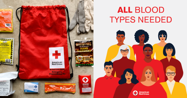 Red Cross bag with supply essentials. All blood types needed with people of various backgrounds.