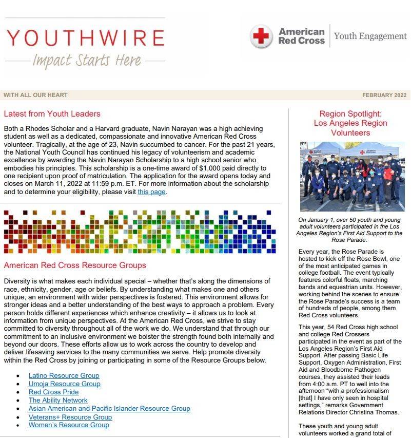 YouthWire is a monthly e-newsletter containing important Red Cross youth volunteer opportunities.