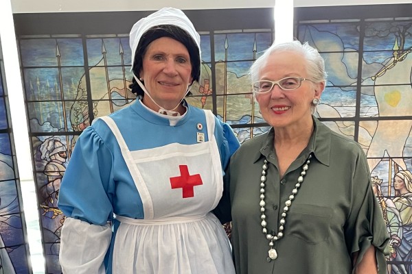 Barbara Bovender pictured with fellow Tiffany Circle member, Donna Flory, dressed as Clara Barton at a Nashville Area Tiffany Circle event.