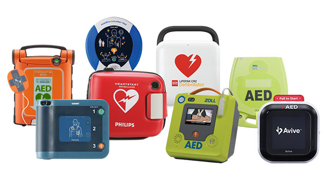 Collection of automated external defibrillator (AED) brands and styles.