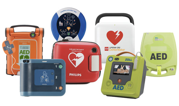 Image of a collection of different brands and styles of AEDs.