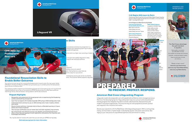 Red Cross brochures - CPR/AED for Professional Rescuers, Lifeguard Virtual Reality Training App, Lifeguarding, and Learn-to-Swim Water Safety Program