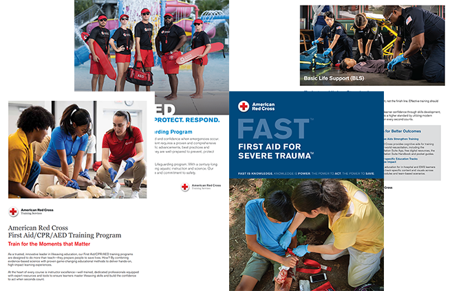 First Aid/CPR/AED r.25, Lifeguarding, Basic Life Support (BLS) r.25, and First Aid for Severe Trauma (FAST) brochures.