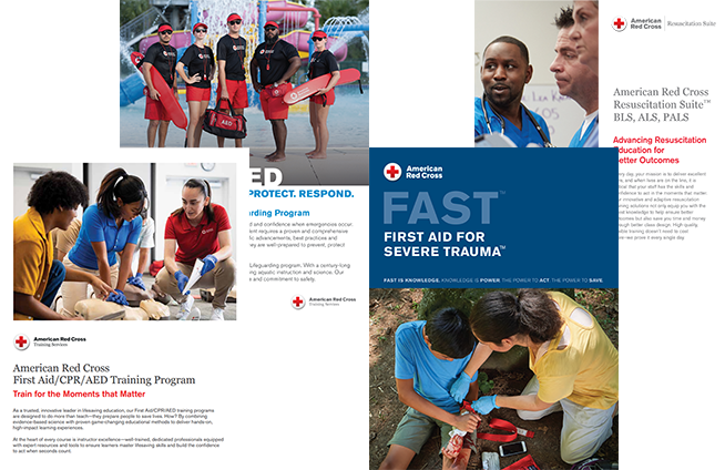 First Aid/CPR/AED r.25, Lifeguarding, Resuscitation Suite, and First Aid for Severe Trauma (FAST) brochures.