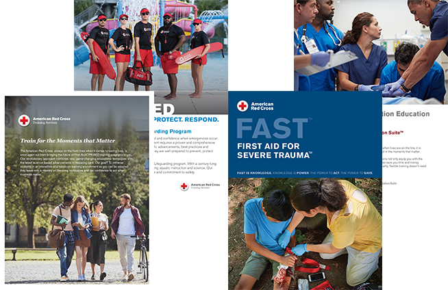 Education, Lifeguarding, Resuscitation Suite, and First Aid for Severe Trauma (FAST) brochures.