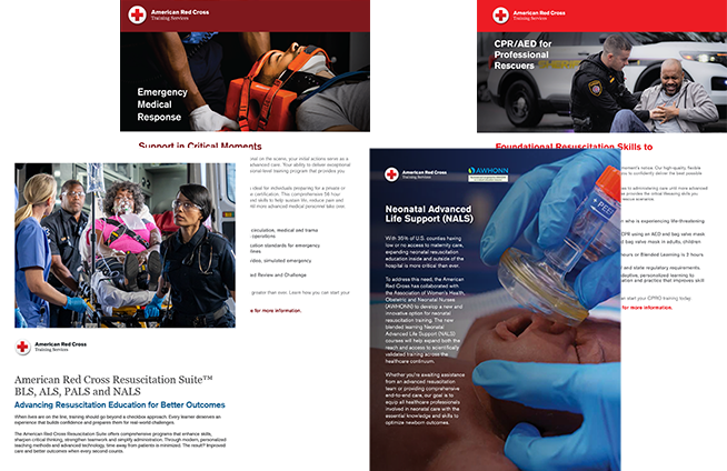 Brochure covers (left to right): Resuscitation Suite (BLS, ALS, PALS, NALS), Emergency Medical Response (EMR), Neonatal Advanced Life Support (NALS), and CPR/AED for Professional Rescuers (CPRO).