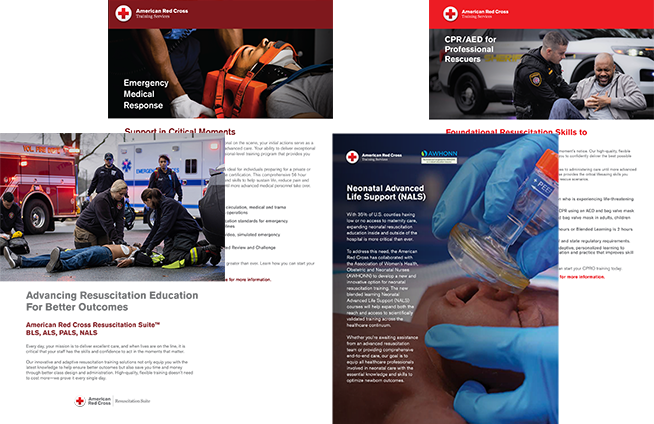 Brochure covers (left to right): Resuscitation Suite for First Responders (BLS, ALS, PALS, NALS), Emergency Medical Response (EMR), Neonatal Advanced Life Support (NALS), and CPR/AED for Professional Rescuers (CPRO).