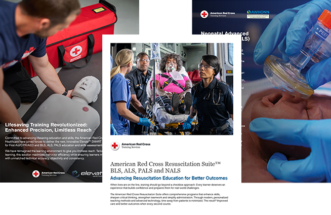 Covers of the Red Cross Healthcare brochures (from left to right): Elevate SMART Manikin, Healthcare Resuscitation Suite (BLS, ALS, PALS, NALS), and Neonatal Advanced Life Support (NALS).