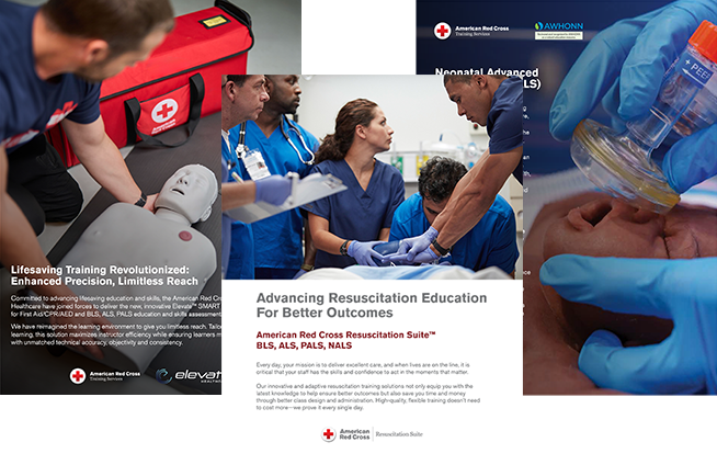Covers of the Red Cross Healthcare brochures (from left to right): Elevate SMART Manikin, Healthcare Resuscitation Suite (BLS, ALS, PALS, NALS), and Neonatal Advanced Life Support (NALS).
