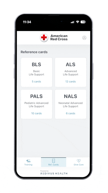 Smartphone screen showing life support reference cards—BLS, ALS, PALS, NALS—on the Red Cross app, with the message: Powered by Redivus Health.