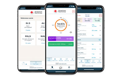 Three smartphones showing the American Red Cross Resuscitation Skills app with reference cards, a live timer tracking compressions and epinephrine administration, and emergency checklist powered by Redivus Health.