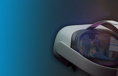 Oculus virtual reality headset displaying a medical simulation, representing immersive VR technology used for ALS certification.