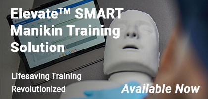 SMART manikin and training tablet promoting Elevate™ SMART Manikin Training Solution with the message: Lifesaving Training Revolutionized. Available Now.