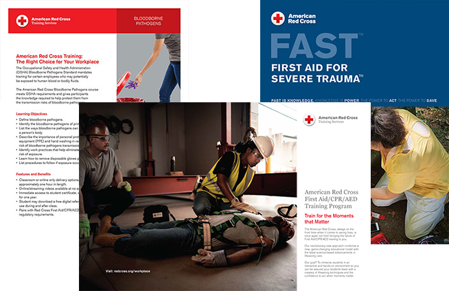 First Aid/CPR/AED, Bloodborne Pathogens, First Aid for Severe Trauma (FAST) brochures.