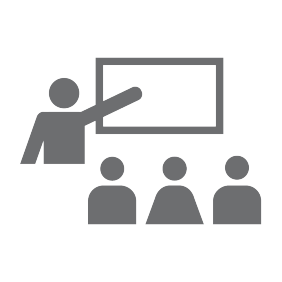 Icon of person teach class to three students.