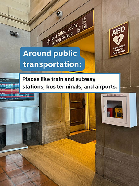An AED in a wall cabinet with AED signage with text 'Around public transportation: Places like train and subway stations, bus terminals and airports'.