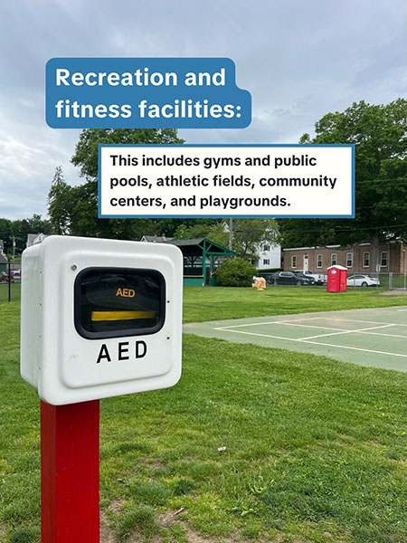 An AED in a cabinet outside with text 'Recreation and fitness facilities: this includes gyms and public pools, athletic fields, community centers and playgrounds'.