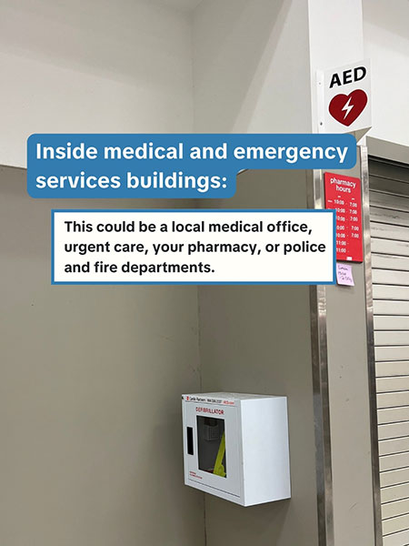 An AED in a wall cabinet at a pharmacy with text 'Inside medical and emergency services buildings: This could be a local medical office, urgent care, your pharmacy or police and fire departments'.
