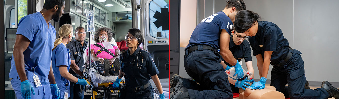 Healthcare and EMS performing ALS and BLS procedures to illustrate key differences in training and response level.