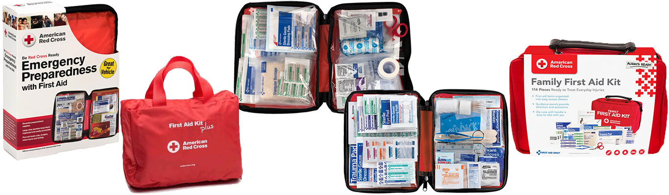First Aid Kits for college students including Emergency Preparedness/First Aid Auto Kit with Soft Case, First Aid Kit PLUS, Be Red Cross Ready First Aid Kit, Deluxe All Purpose First Aid Kit and Deluxe Family First Aid Kit, Soft Case.