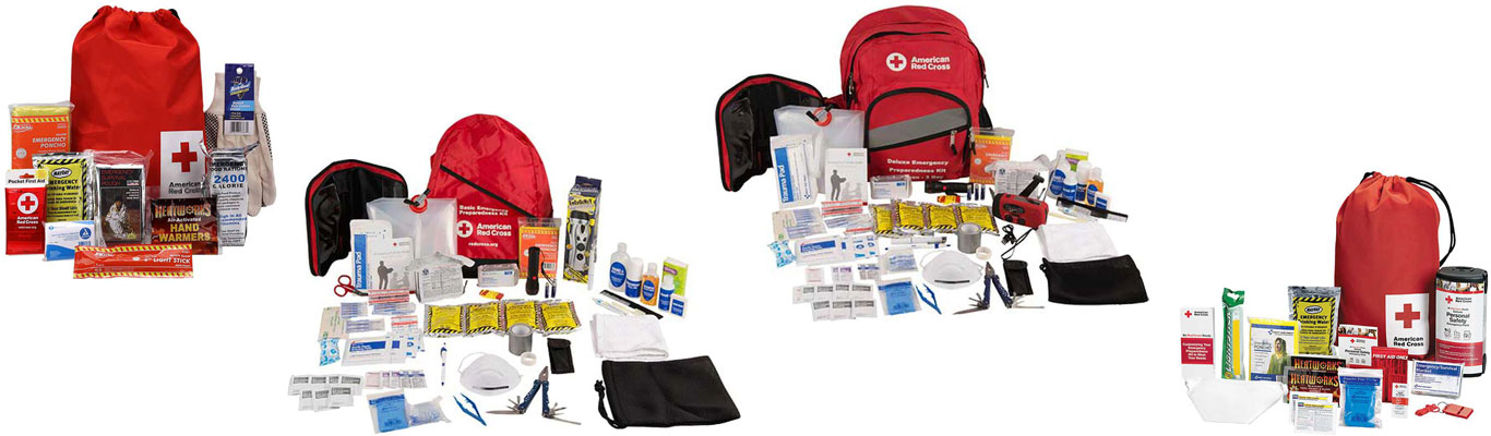 Four Emergency Survival Kits from the Red Cross Store side by side.