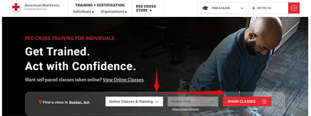 Find a Class tool bar on with Get Trained Act with Confidence from Red Cross Training Services.