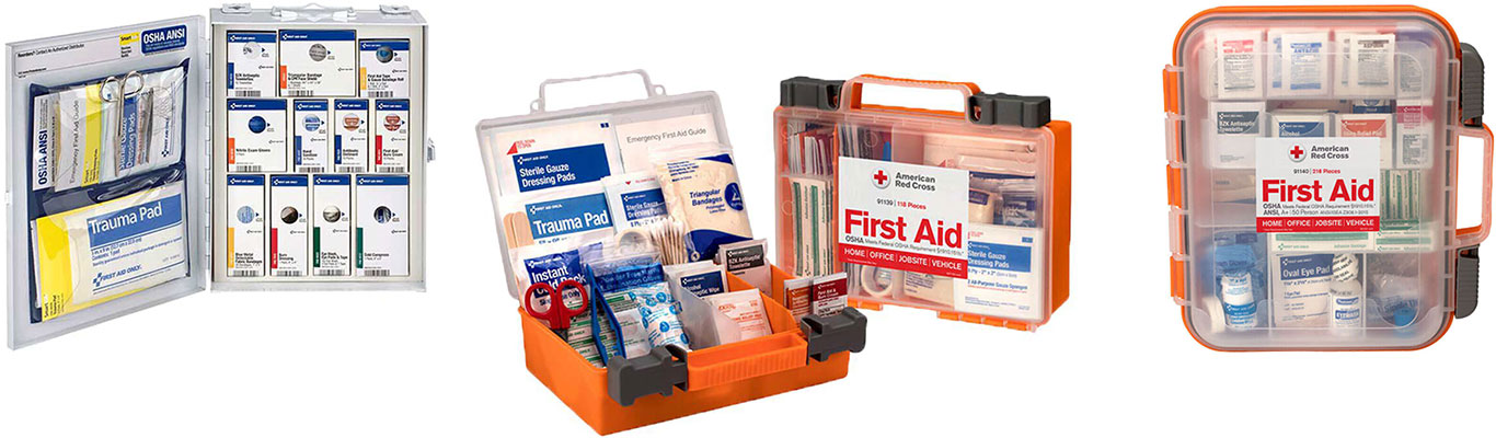 First aid kits for restaurants and commercial kitchens.