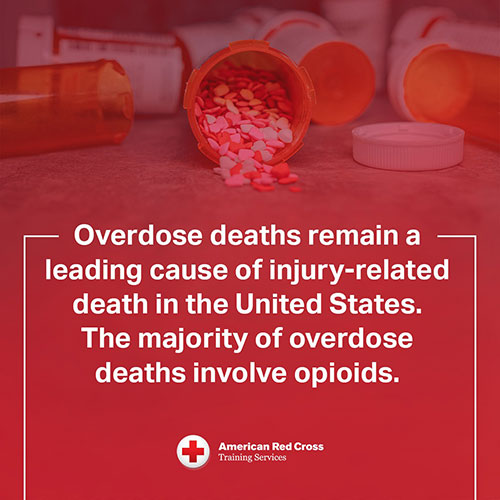 Prescription pill bottles with heart-shaped pills spilling out, highlighting opioid overdose as a leading cause of injury-related death in the U.S. — Red Cross Training Services public health awareness