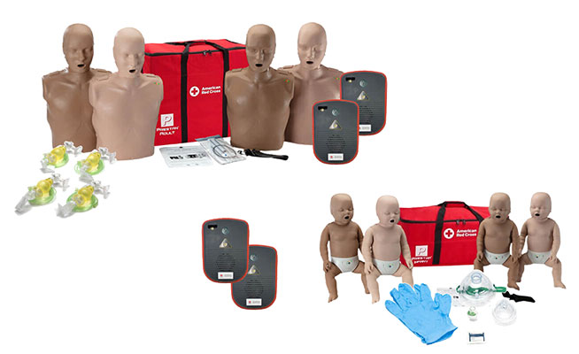 BLS instructor equipment: adult and infant CPR manikins, AED trainers, breathing barriers, bag valve masks, and gloves.