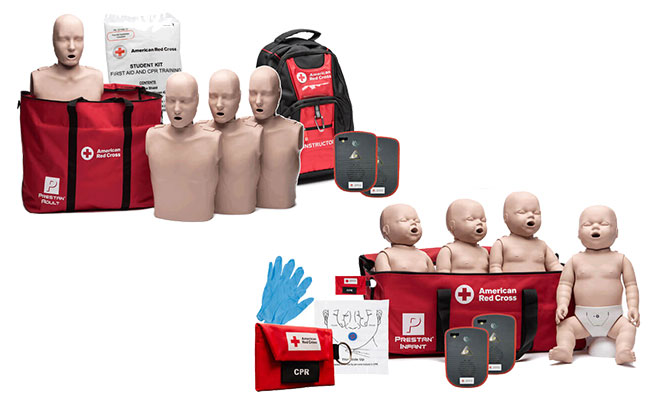 Adult and infant CPR manikins, AED trainers, student kit, gloves, and more.