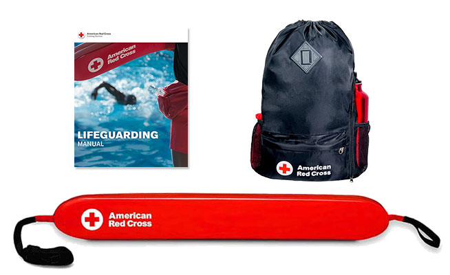 Lifeguarding training materials - instructor manual, backpack, and rescue tube.