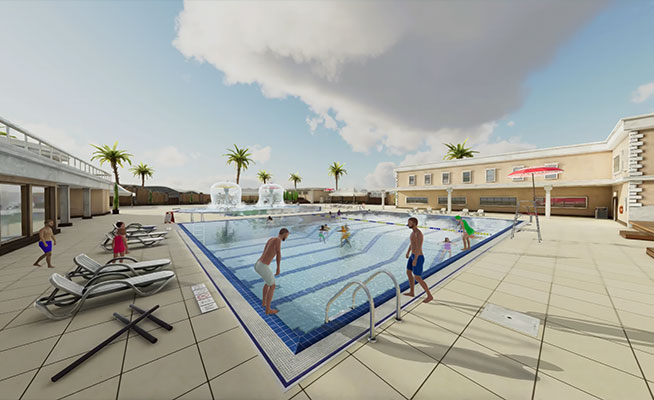 A screenshot from a simulation in the VR Lifeguard App showing people in and around a swimming pool.