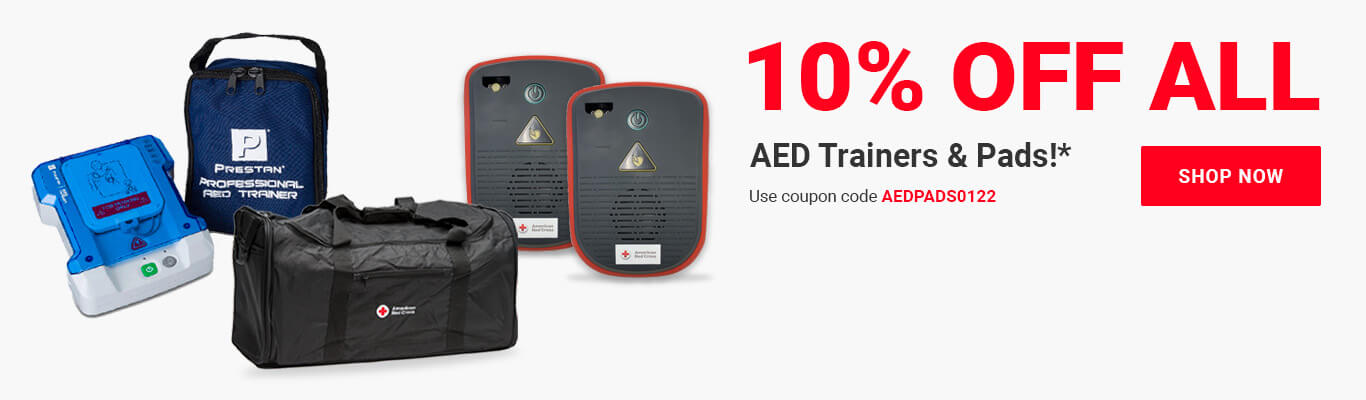 Image headline: OUR NEW AED Trainer has ARrived with Adult * Child Gel Adhesive AED Pads!. To the left of the headline the AED is shown with individual plugging it in wearing a blue glove.