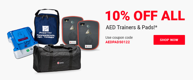 Image headline: OUR NEW AED Trainer has ARrived with Adult * Child Gel Adhesive AED Pads!. To the left of the headline the AED is shown with individual plugging it in wearing a blue glove.