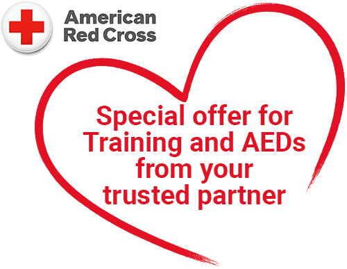 American Red Cross logo with &ldquo;Special offer for Training and AEDs from your trusted partner&rdquo; in a heart graphic