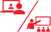 Icon of laptop and a person teaching at a board to students for Online and Classroom Courses