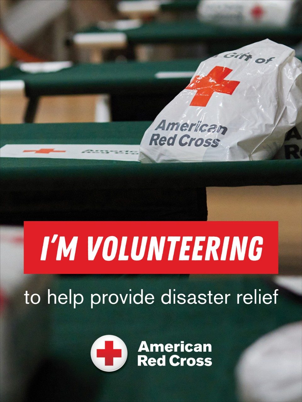 Text reads: I'm Volunteering to help provide disater relief, on top of photo of cots at a shelter