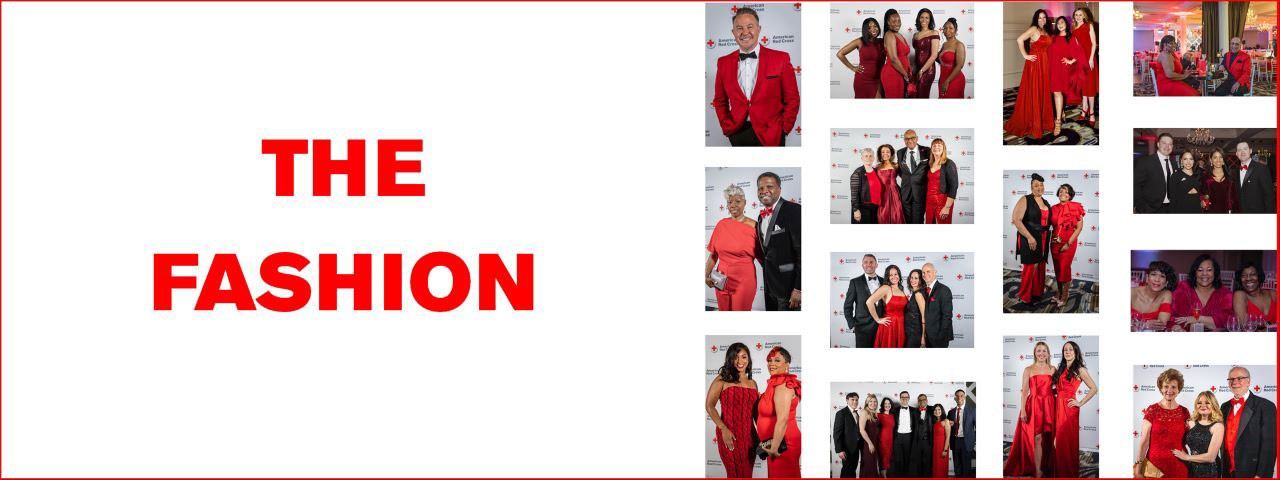 Collage of guests in red attire at Red Ball gala
