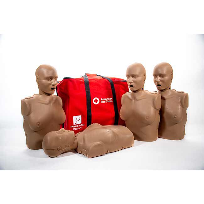 4 Prestan Professional Adult Female CPR Feedback Manikins with Brown Skin and Red Cross Carrying Case.