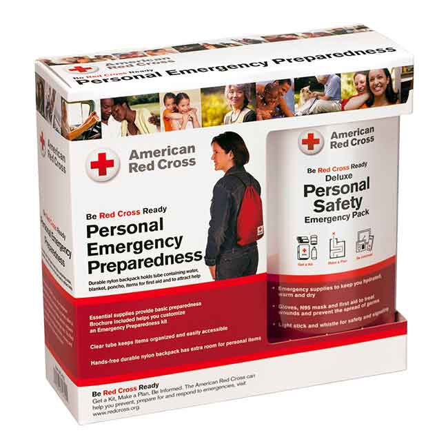 Front and side view of the Deluxe Personal Safety Emergency Pack with Bag Packaging.