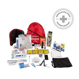 Basic 3-Day 72 Hour Emergency Preparedness Kit with items including Hand Crank Flashlight, Multi-Tool, Emergency Blanket, Poncho, Whistle, Hygiene Products, Water, Tweezers and Bandages.