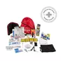 Basic 3-Day 72 Hour Emergency Preparedness Kit with items including Hand Crank Flashlight, Multi-Tool, Emergency Blanket, Poncho, Whistle, Hygiene Products, Water, Tweezers and Bandages.