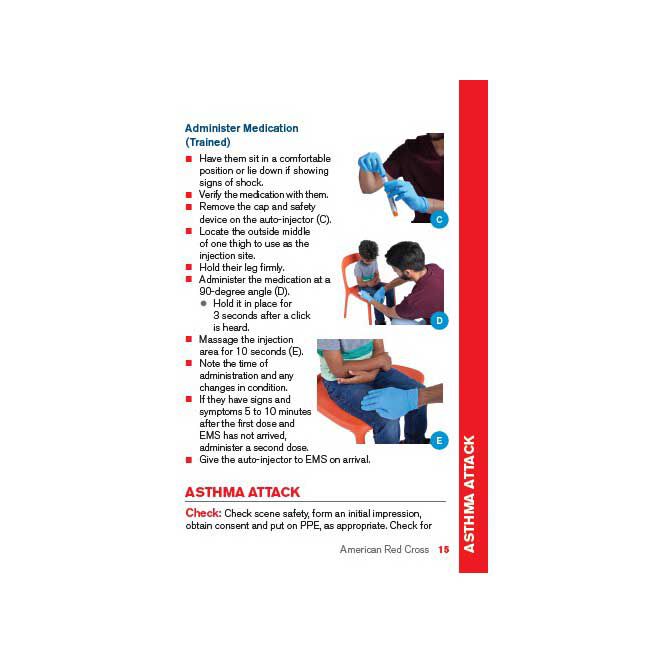 Emergency First Aid Reference Guide page on administering medication for an asthma attack.