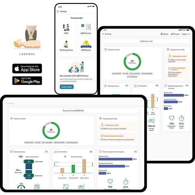 The Laerdal QCPR App Showing a Dashboard of Session Results, Compressions, Ventilation, and CPR Training Feedback on Smartphone and Tablets.