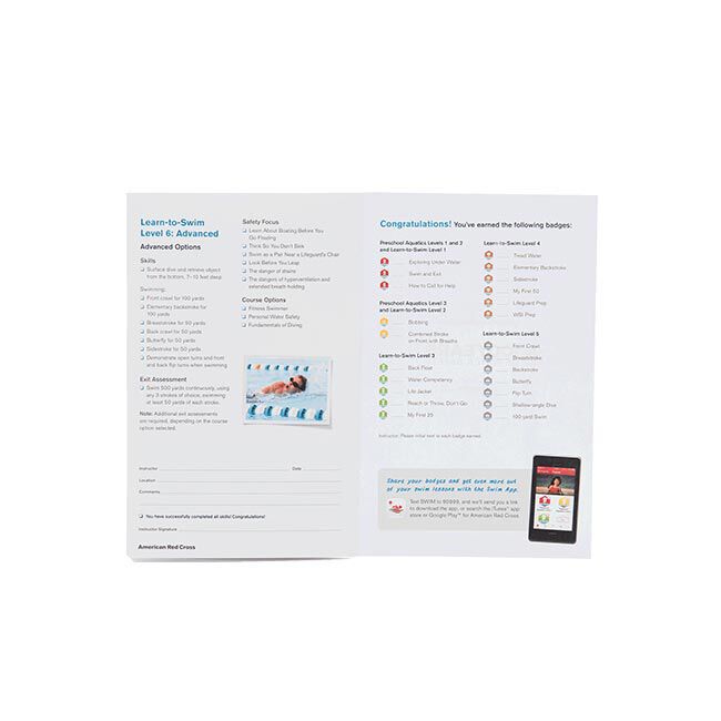 Swim Lessons Achievement Booklet open to Learn-to-Swim Level 6: Advanced Skills, Exit Assessment, Safety Focus, and Course Options, and the last page of badges earned for completion.